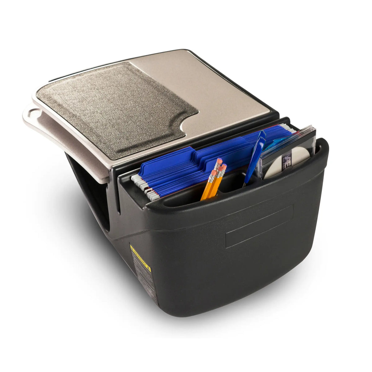 Desk organizer with compartments filled with office supplies on a white background