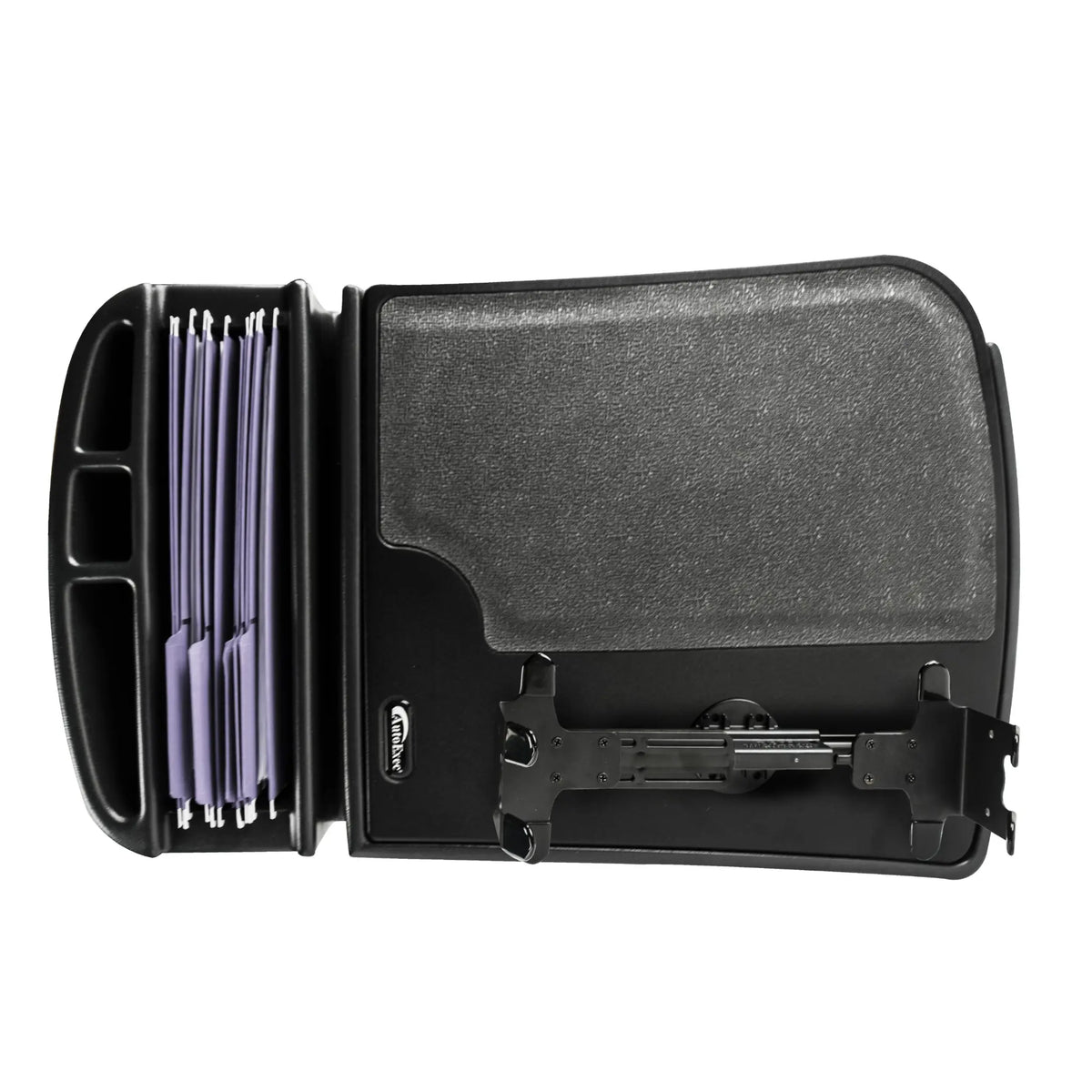 Black office organizer with compartments on a white background