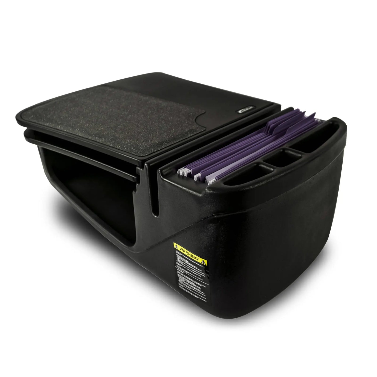 Black car organizer with purple items on a white background