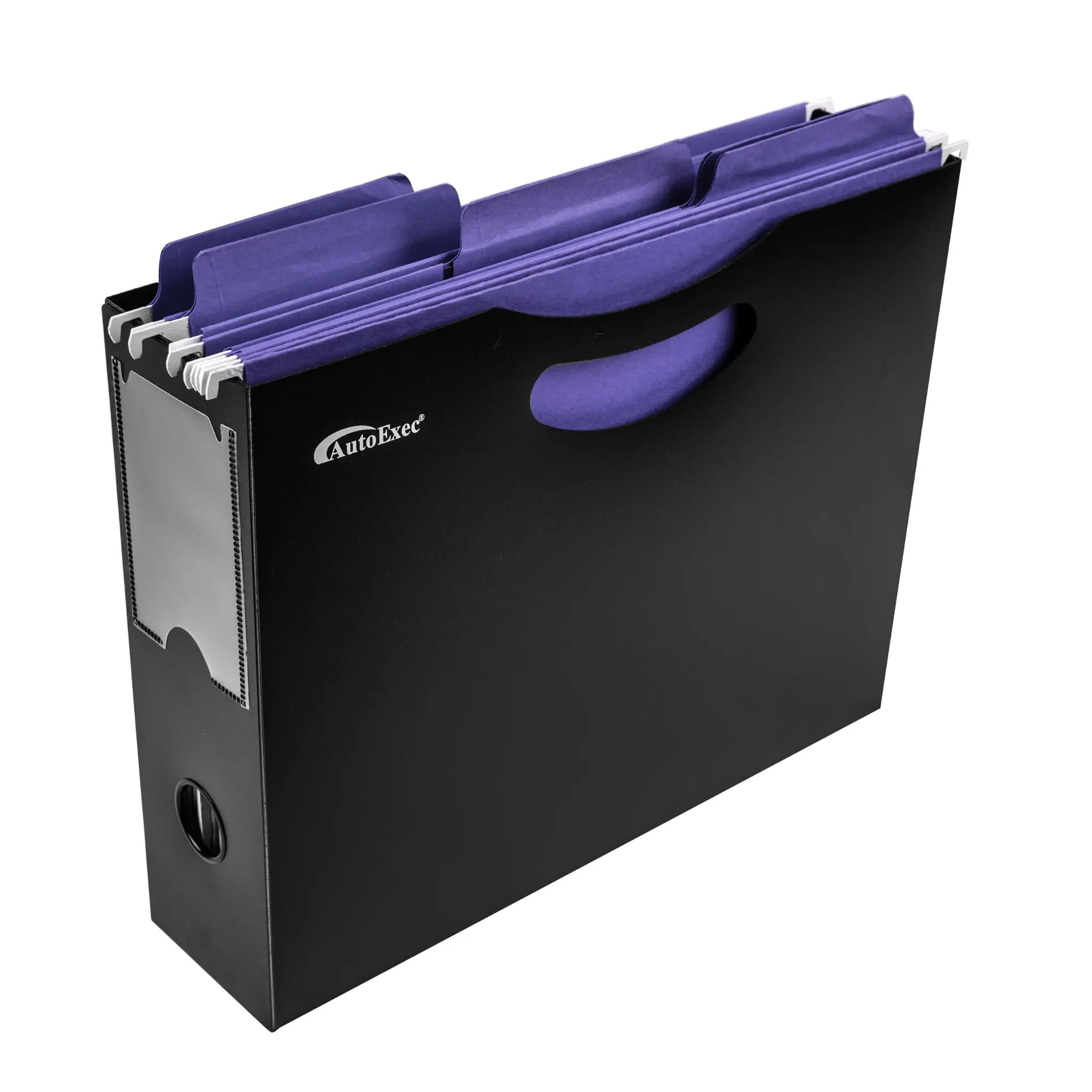 Black file folder with purple dividers on a white background