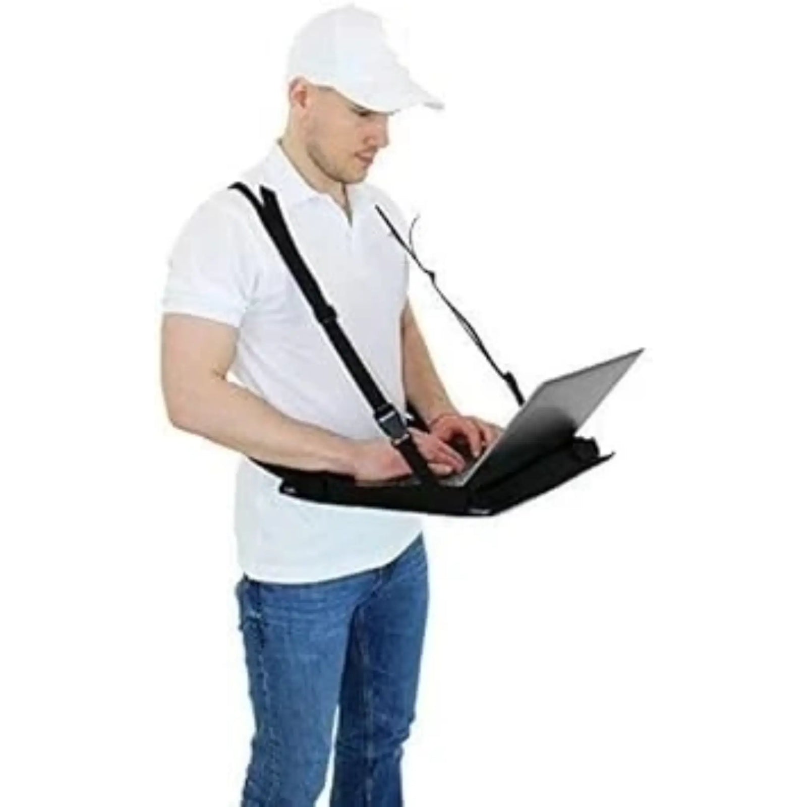 Hands free laptop harness securely strapped around each shoulder to provide an easy mobile workspace for you and your laptop.