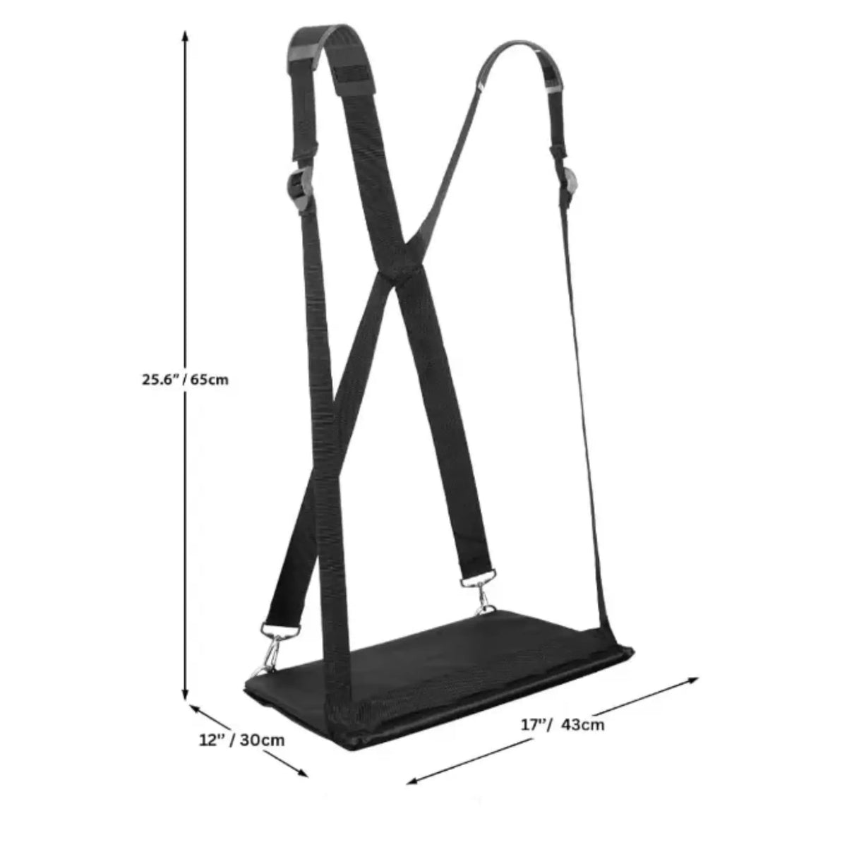 Dimensions of the harness straps and laptop platform.