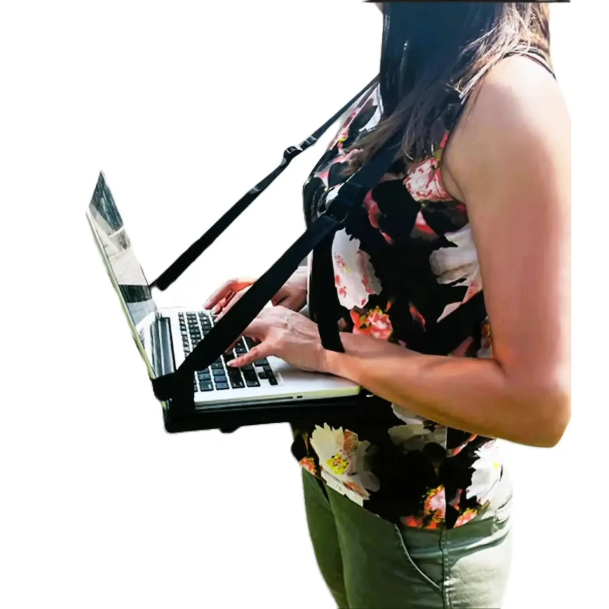 Side view of a hands free laptop harness securely strapped around each shoulder to provide an easy mobile workspace for you and your laptop.