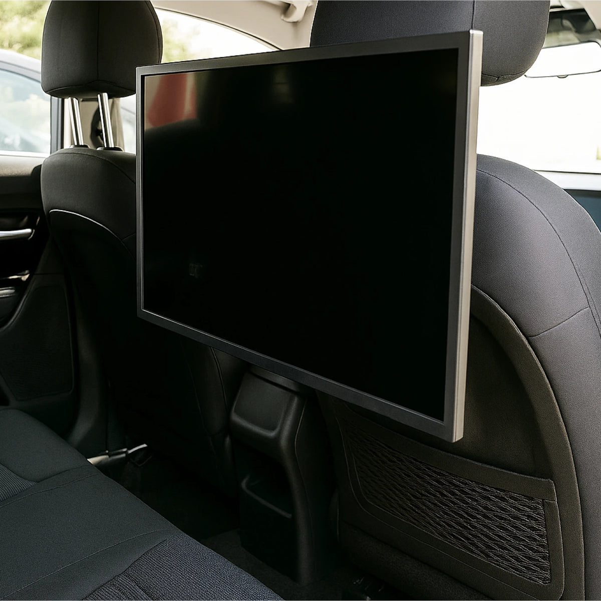 Front view of monitor mounted to the back of a car seat headrest with the backseat monitor mount