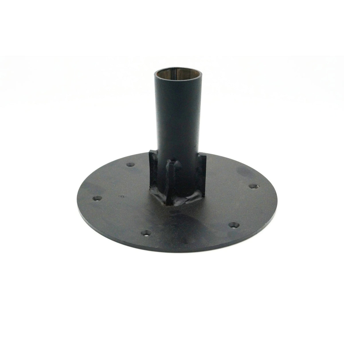 a black metal seat base with a cylindrical center post for mounting the seat and a flat circular bottom plate equipped with several screw holes for securing it to the floor