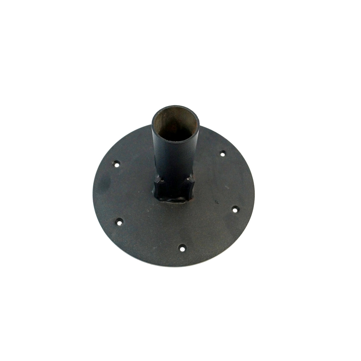 the top view of a black metal seat base with a cylindrical center post for mounting the seat and a flat circular bottom plate equipped with several screw holes for securing it to the floor