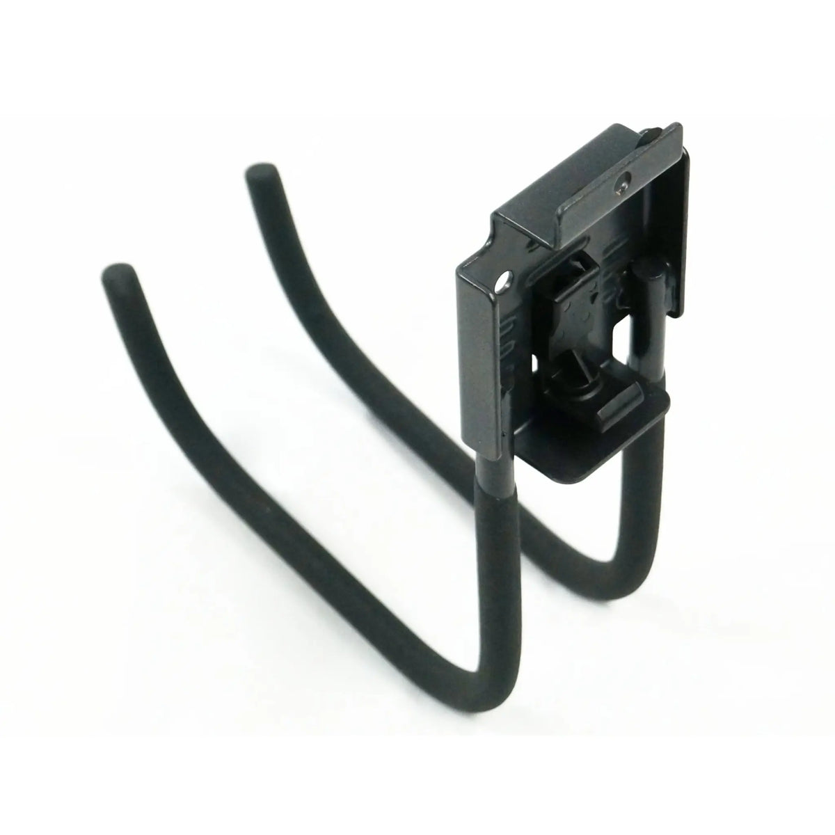 Image of the J Hook not attached to anything. Shows how the J hook could attach to a slatwall.