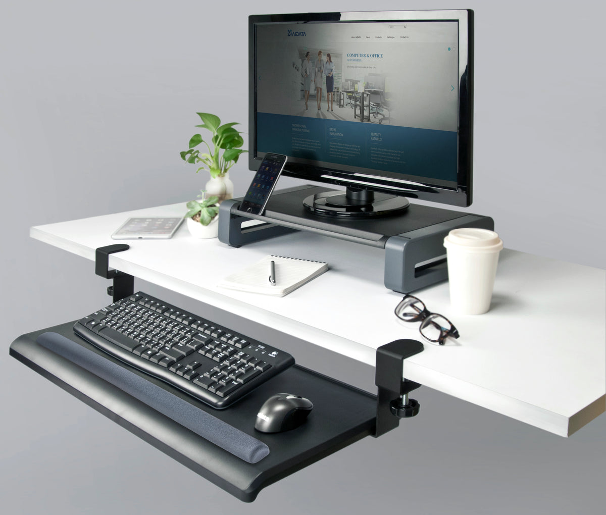 Extra-Wide Desk Clamp Keyboard Tray w/Gel Wrist Rest