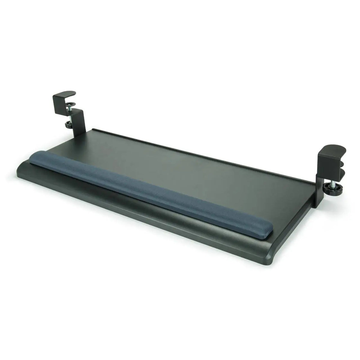 a black keyboard tray designed to attach under a desk. It features a flat, rectangular surface with rounded corners and a padded wrist rest along its front edge. The tray is supported by two metal clamps on either side, for adjusting as necessary