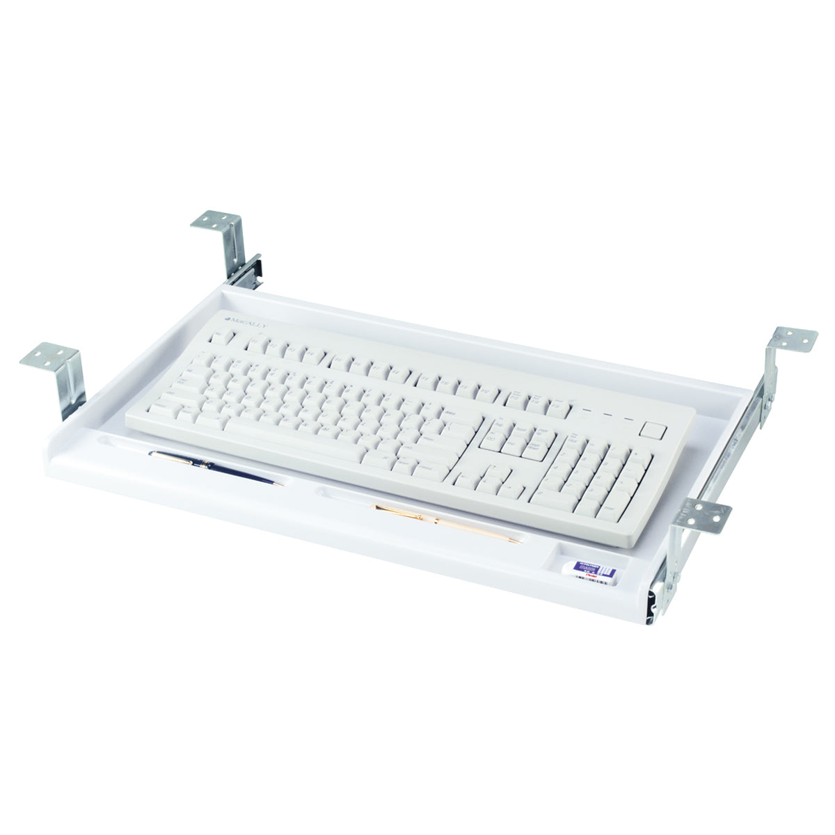  A white keyboard tray designed to attach under a desk. It features a flat, rectangular surface with rounded corners, 2 indents for a writing utensil, and another small rectangular indent intended for other small supplies. The tray is supported by 4 metal clamps on either side, for adjusting as necessary. A white standard keyboard rests on the surface and there is a pen in each holder and an eraser in the small rectangle indent