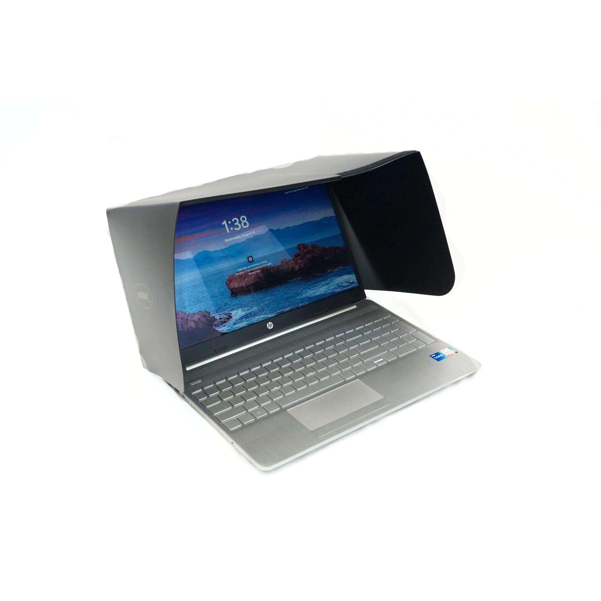 a right angled view of a black plastic laptop anti-glare hood on a silver hp laptop