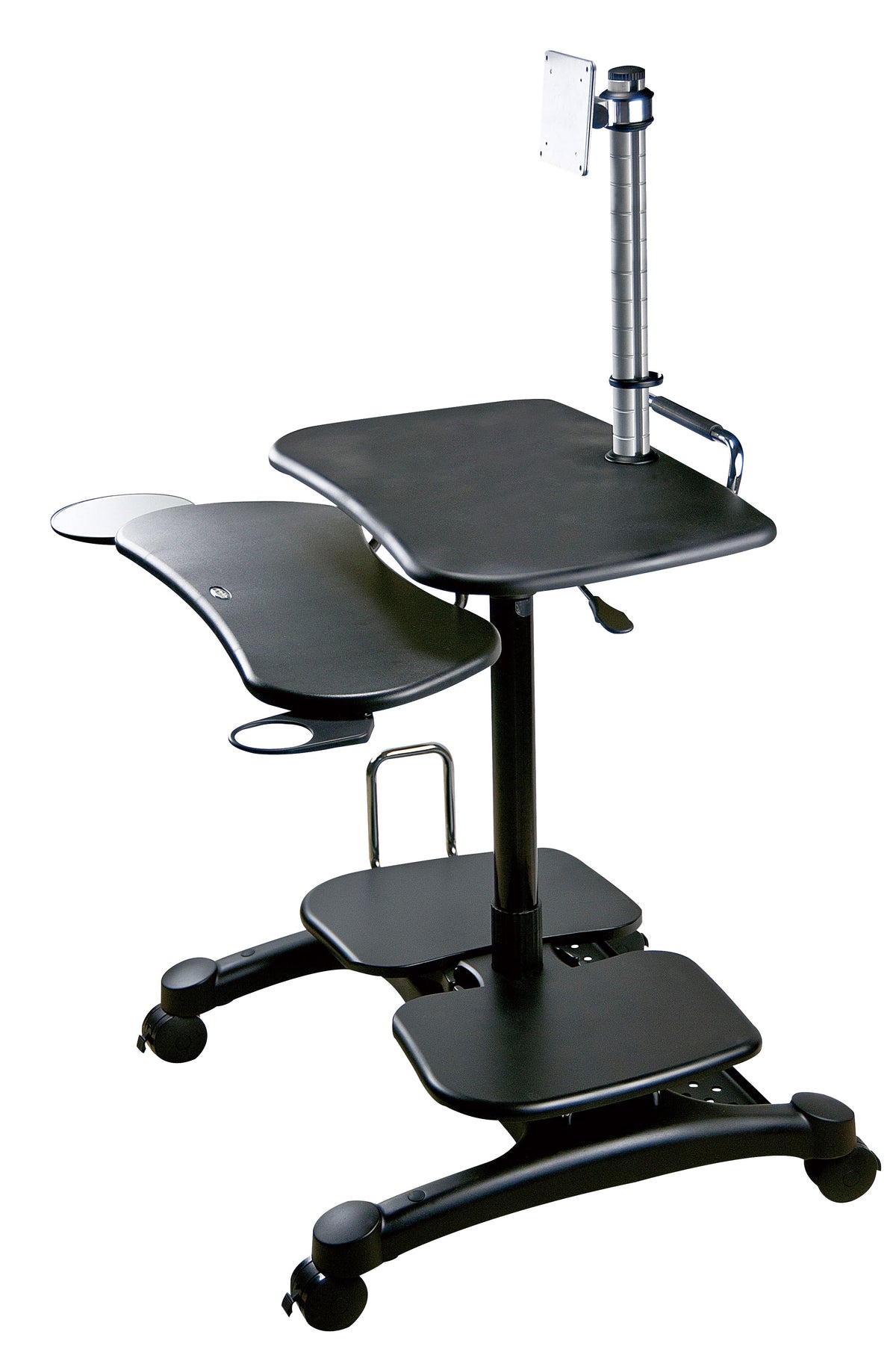 The image shows an adjustable standing desk with a black finish. It features multiple levels for work surfaces and storage, including a main tabletop, an under-desk tray with both a retractable cup holder and mouse pad, and a bottom shelf. The desk is mounted on four caster wheels for mobility and has a vertical support with an attached monitor stand.