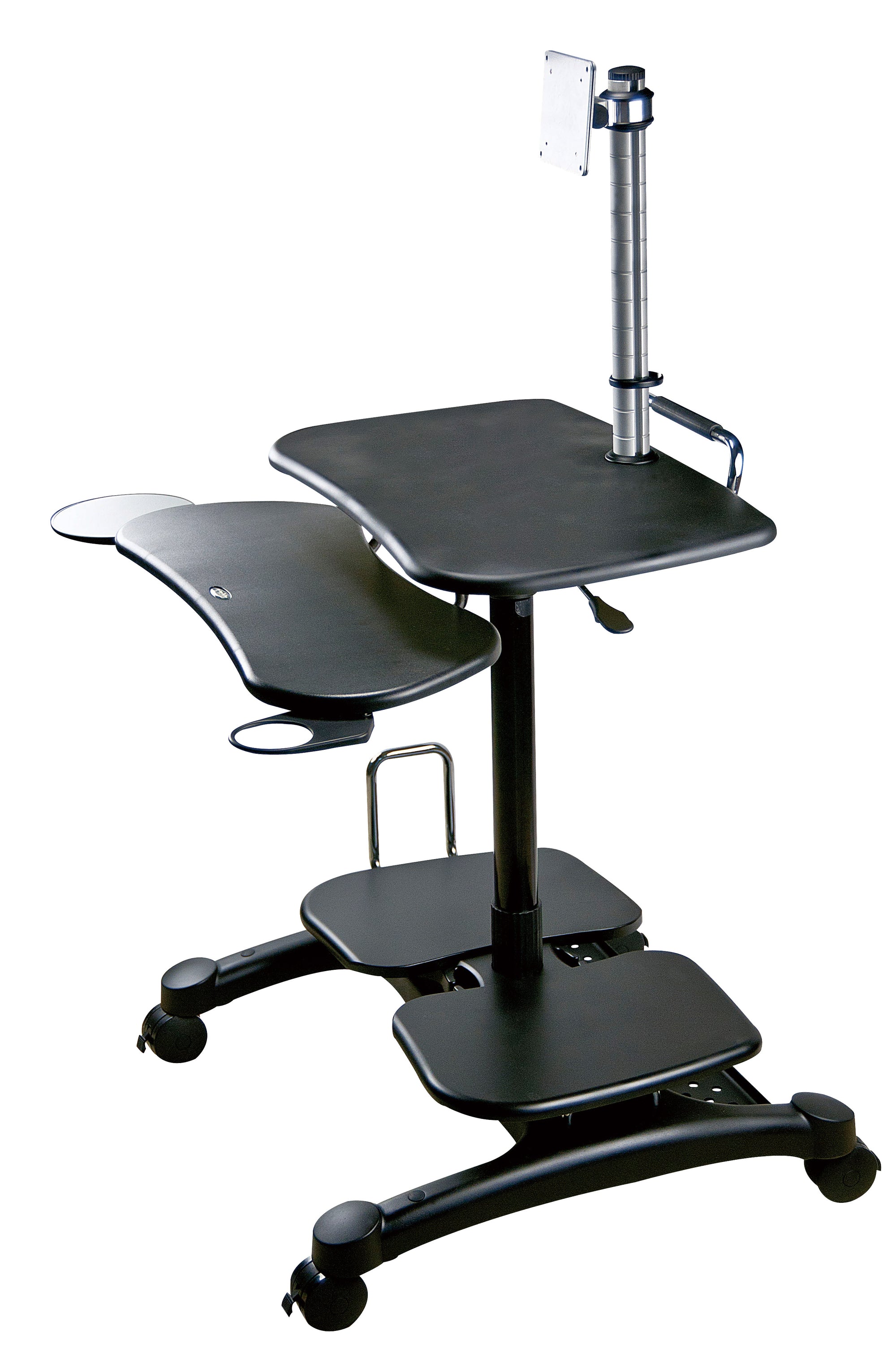 The image shows an adjustable standing desk with a black finish. It features multiple levels for work surfaces and storage, including a main tabletop, an under-desk tray with both a retractable cup holder and mouse pad, and a bottom shelf. The desk is mounted on four caster wheels for mobility and has a vertical support with an attached monitor stand.