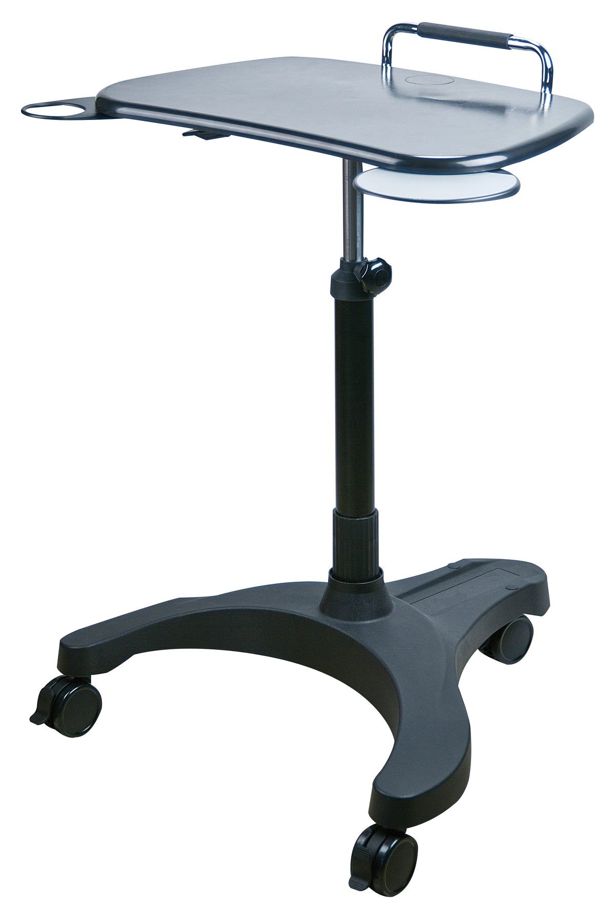 This is an image of a black adjustable sit stand desk with 3 casters. It has a hard black desktop with a retractable mouse pad and cupholder, as well as a handle for mobility and support.