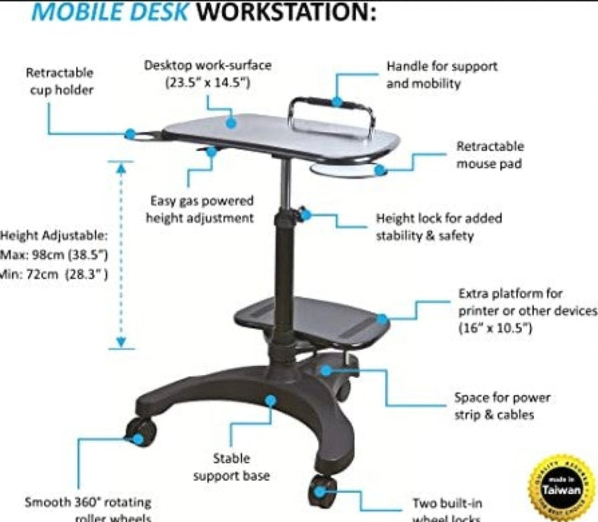 Sit/Stand Mobile Laptop Workstation w/Printer Shelf