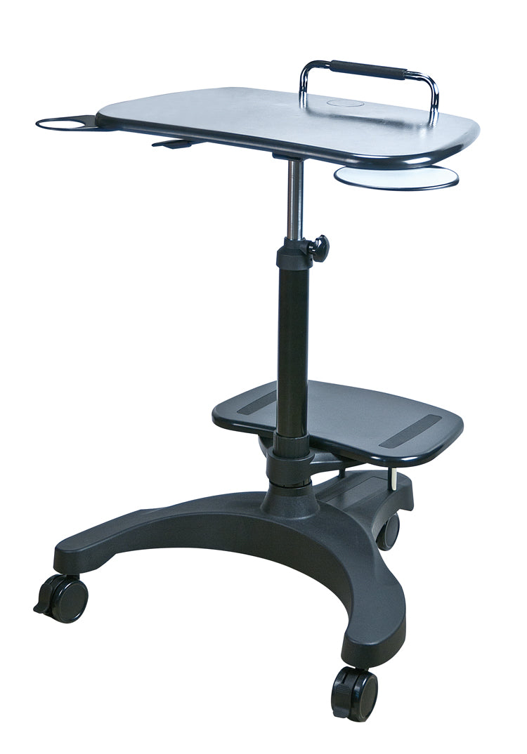 This is an image of a black adjustable sit stand desk with 3 casters. It has a hard black desk with a retractable mouse pad and cupholder, as well as a handle for mobility and support. It has a printer stand on top of casters