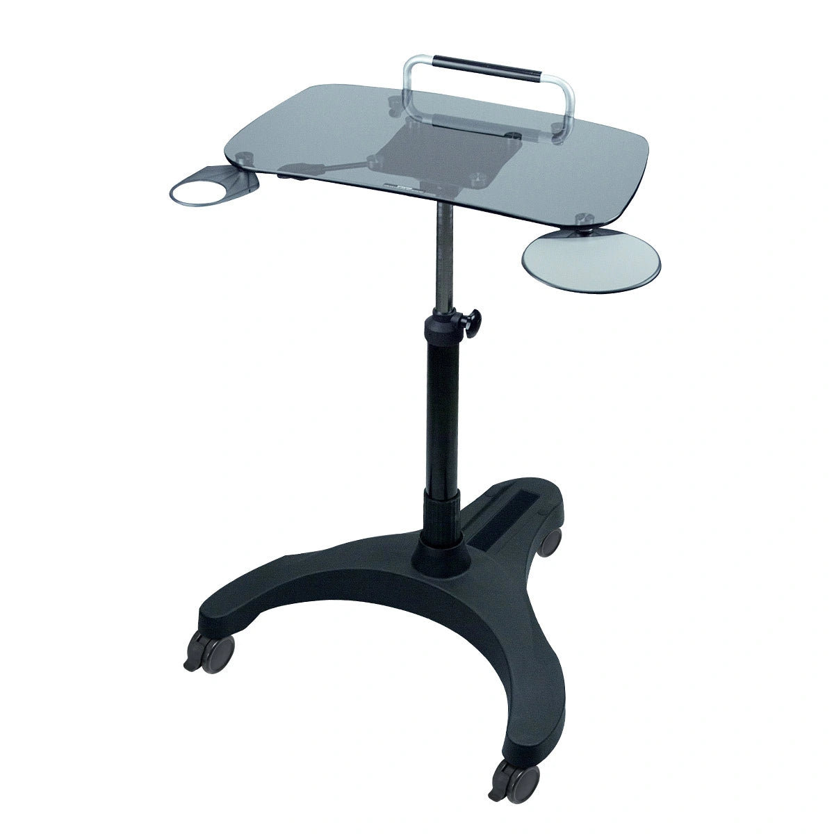 This is an image of a black adjustable sit stand desk with 3 casters. It has a glass desk with a retractable mouse pad and cupholder, as well as a handle for mobility and support. 