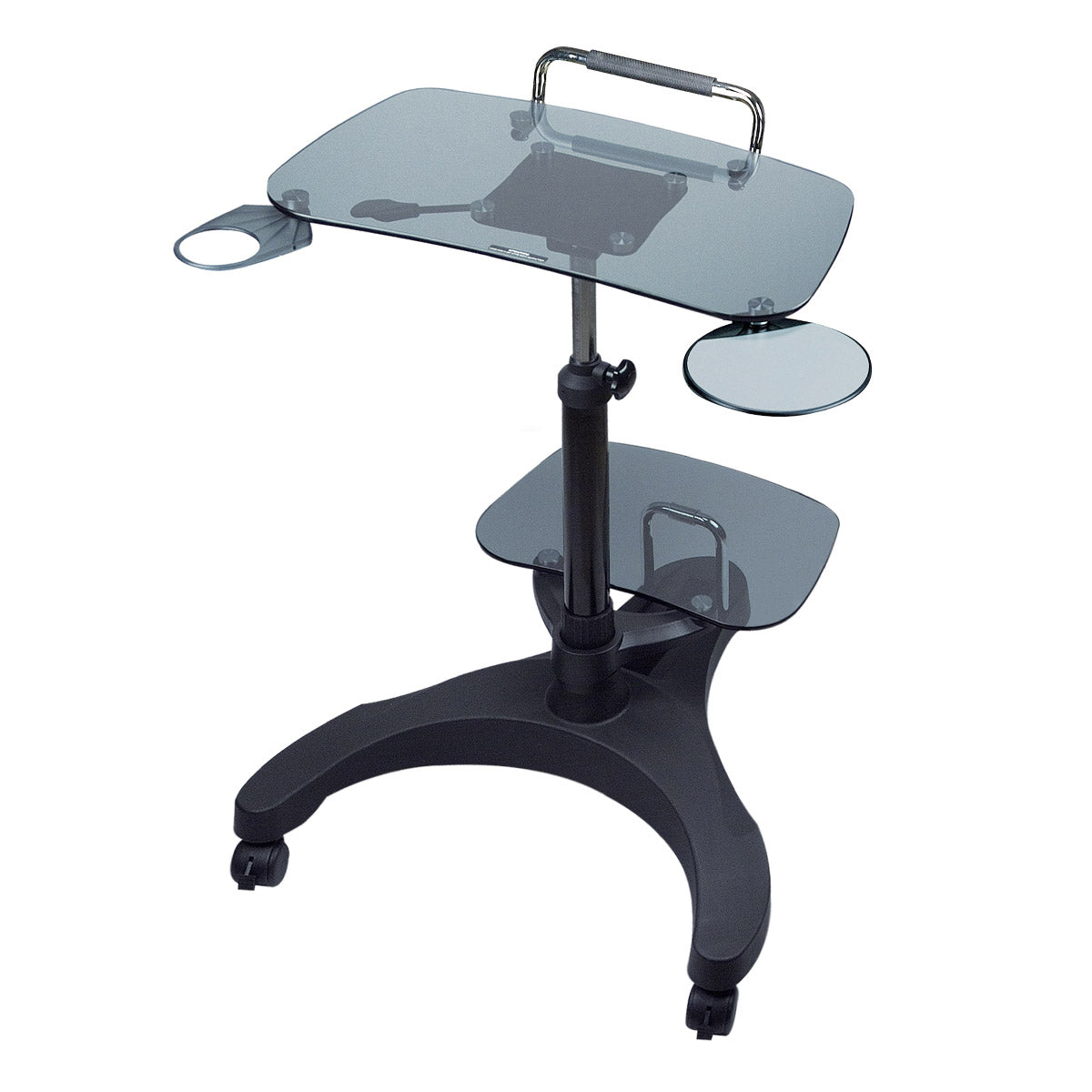 This is an image of a black adjustable sit stand desk with 3 casters. It has a smoke colored glass desktop with a retractable mouse pad and cupholder, as well as a handle for mobility and support. It has a printer stand on top of casters