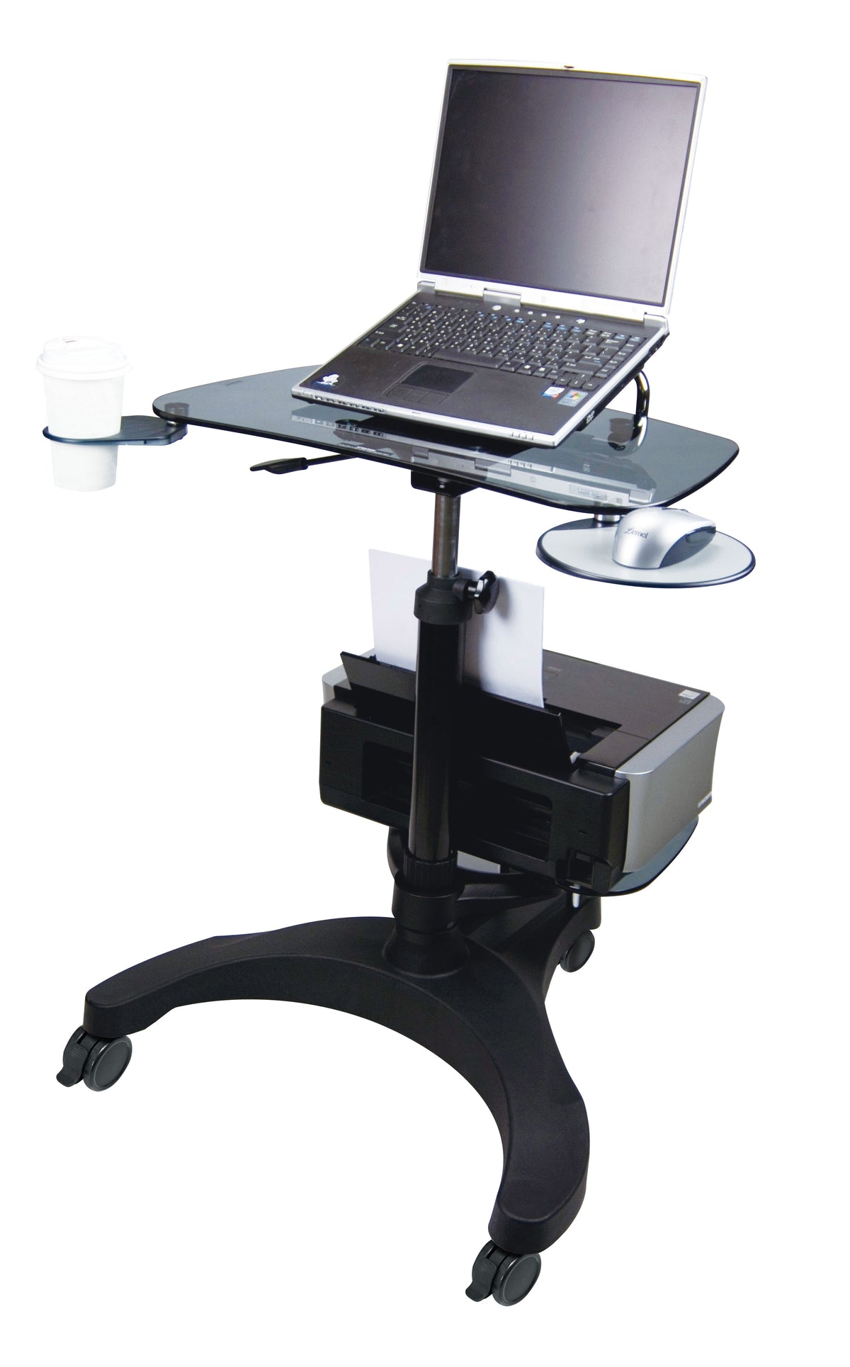 Sit/Stand Mobile Laptop Workstation w/Printer Shelf with Glass top