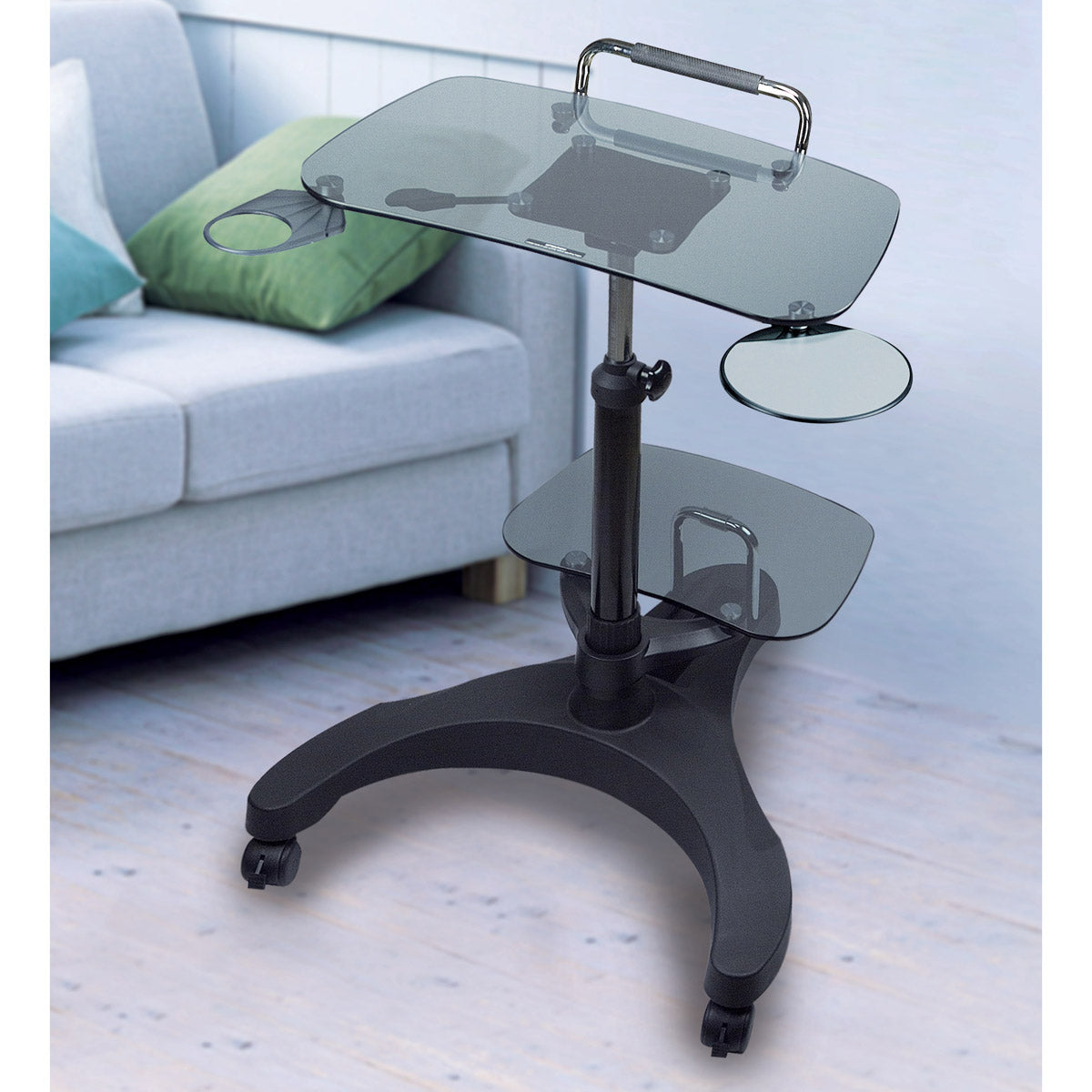 Sit/Stand Mobile Laptop Workstation w/Printer Shelf with Glass top