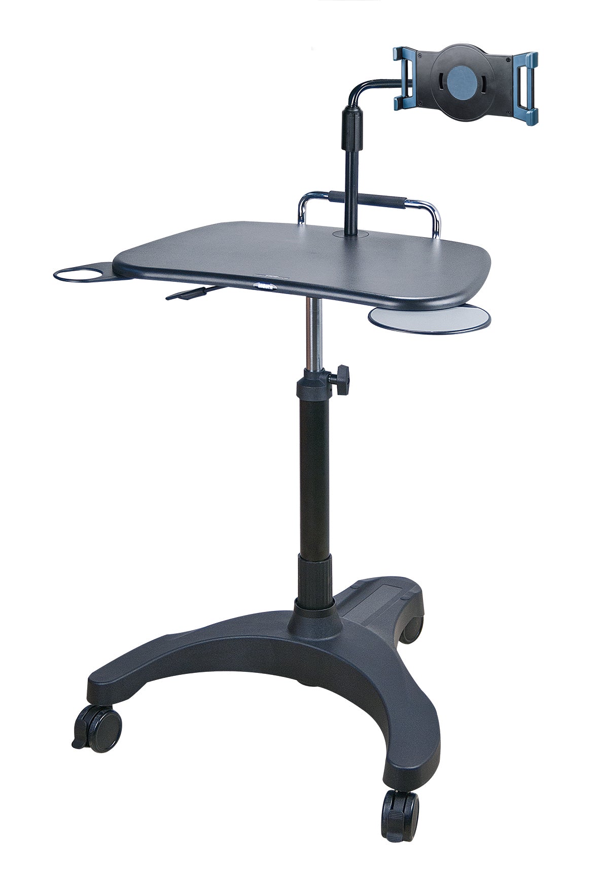 The image shows a black standing desk with a monitor arm, a side platform, a tablet holder, and three casters. It’s adjustable for height and mobility.