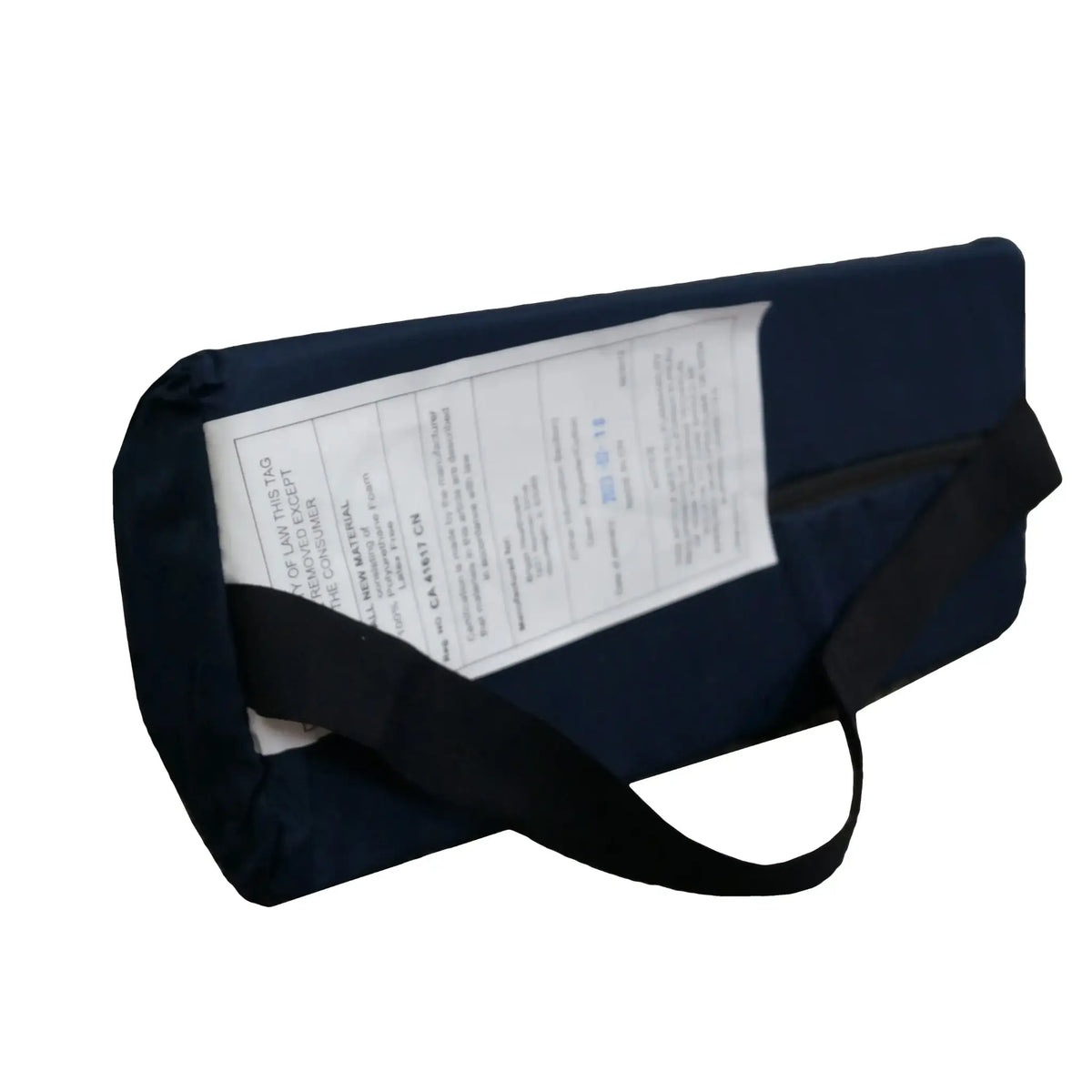 Back view of the lumbar support cushion showing the zipper and adjustable, elastic strap to fit most chairs.