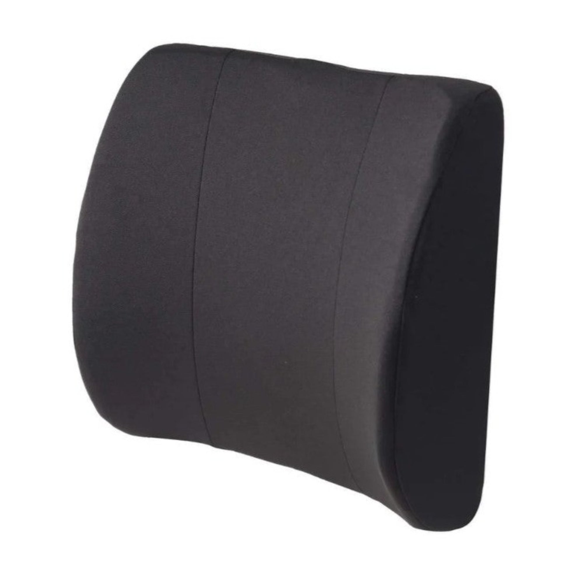 A black, curved lumbar support pillow designed to fit the natural arch of the lower back. Made of a firm memory foam, and covered with a smooth, black fabric. The pillow is contoured with a slight bulge in the middle to provide support and can be used on office chairs or car seats to help maintain proper posture and alleviate lower back pain.