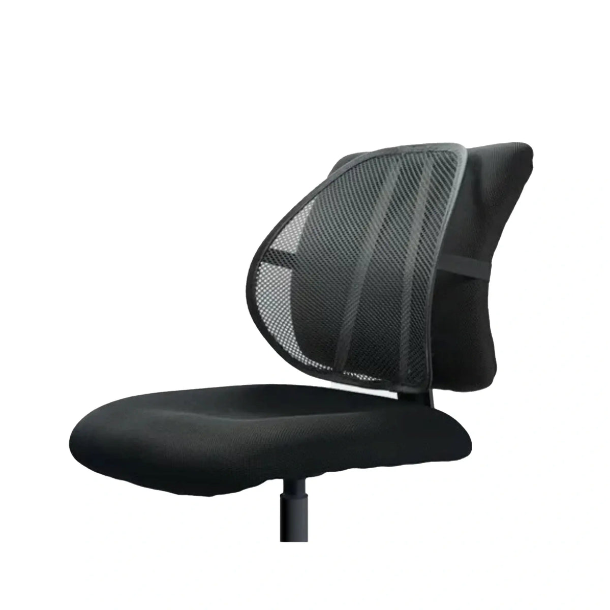 Lightweight and portable, Mesh back support with elastic strap on a black office chair.