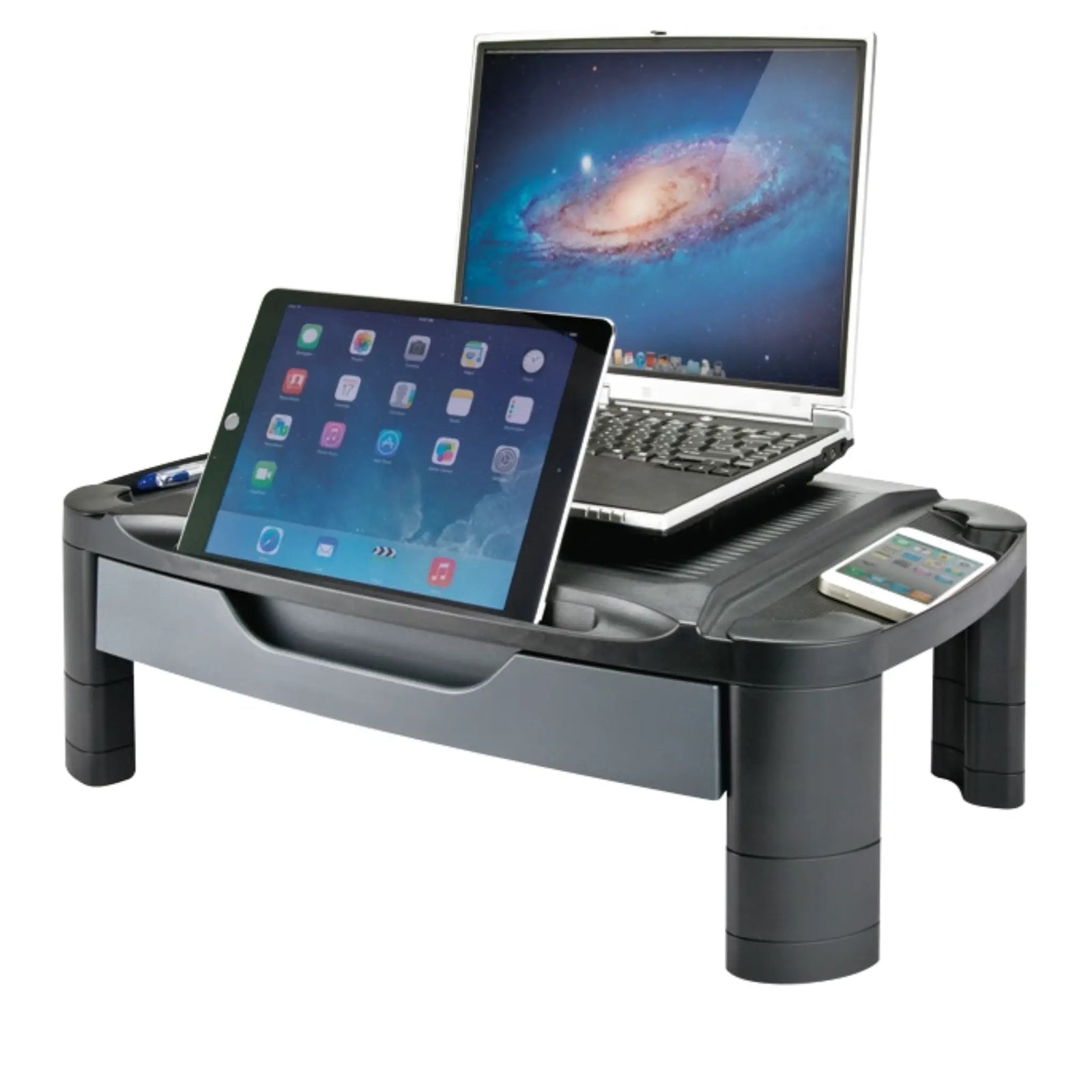 An extra wide professional monitor/printer stand with a drawer, featuring a laptop, a tablet, and a smart device on it.