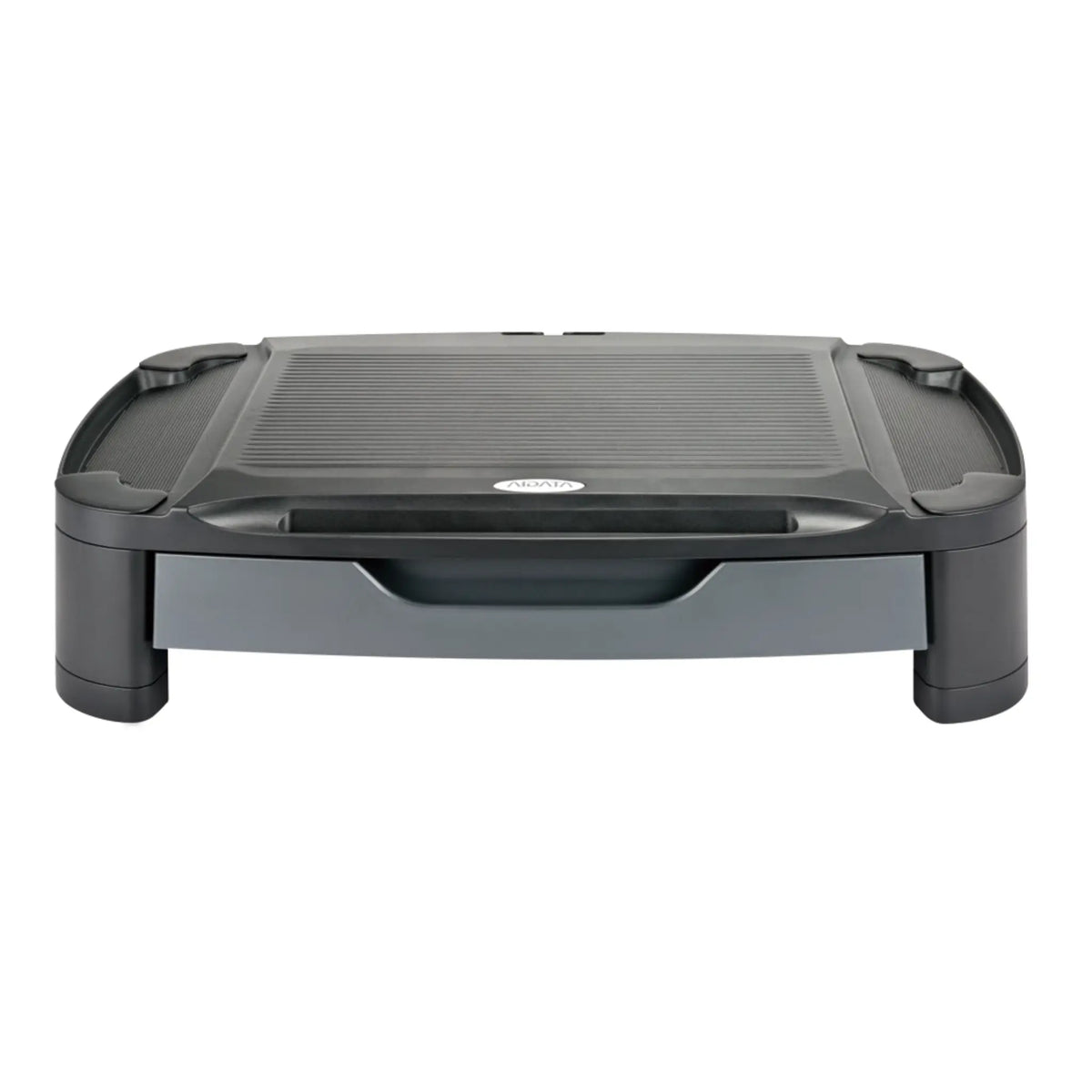 Black step stool with a textured surface on a white background