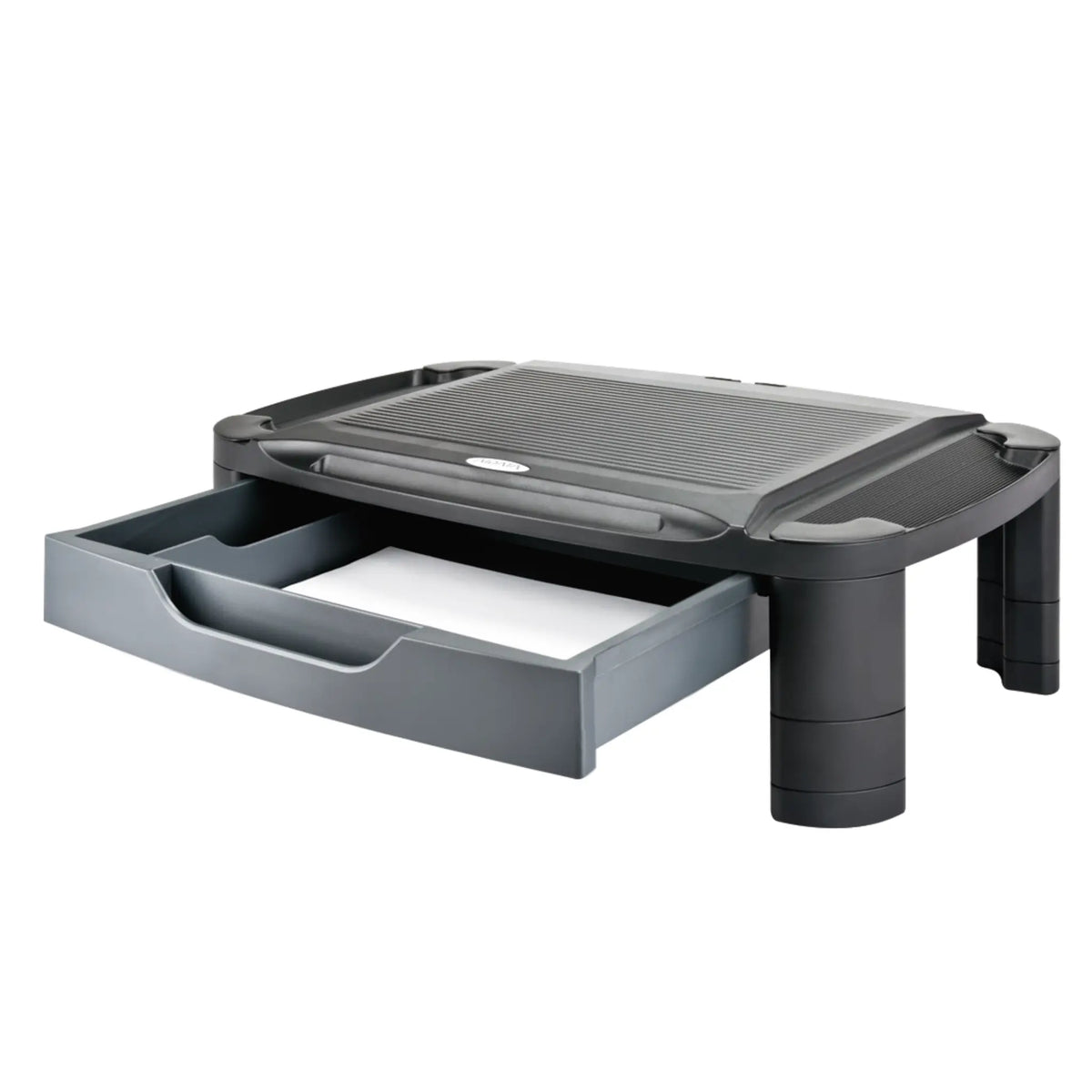 Black adjustable desk stand with a drawer on a white background