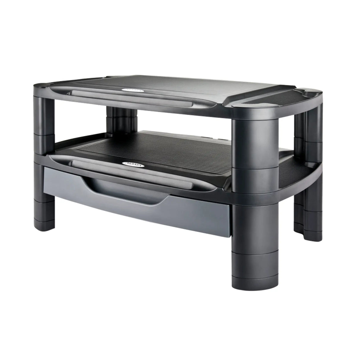 black monitor riser stacked on top of black monitor riser with a drawer in order to create more space and storage