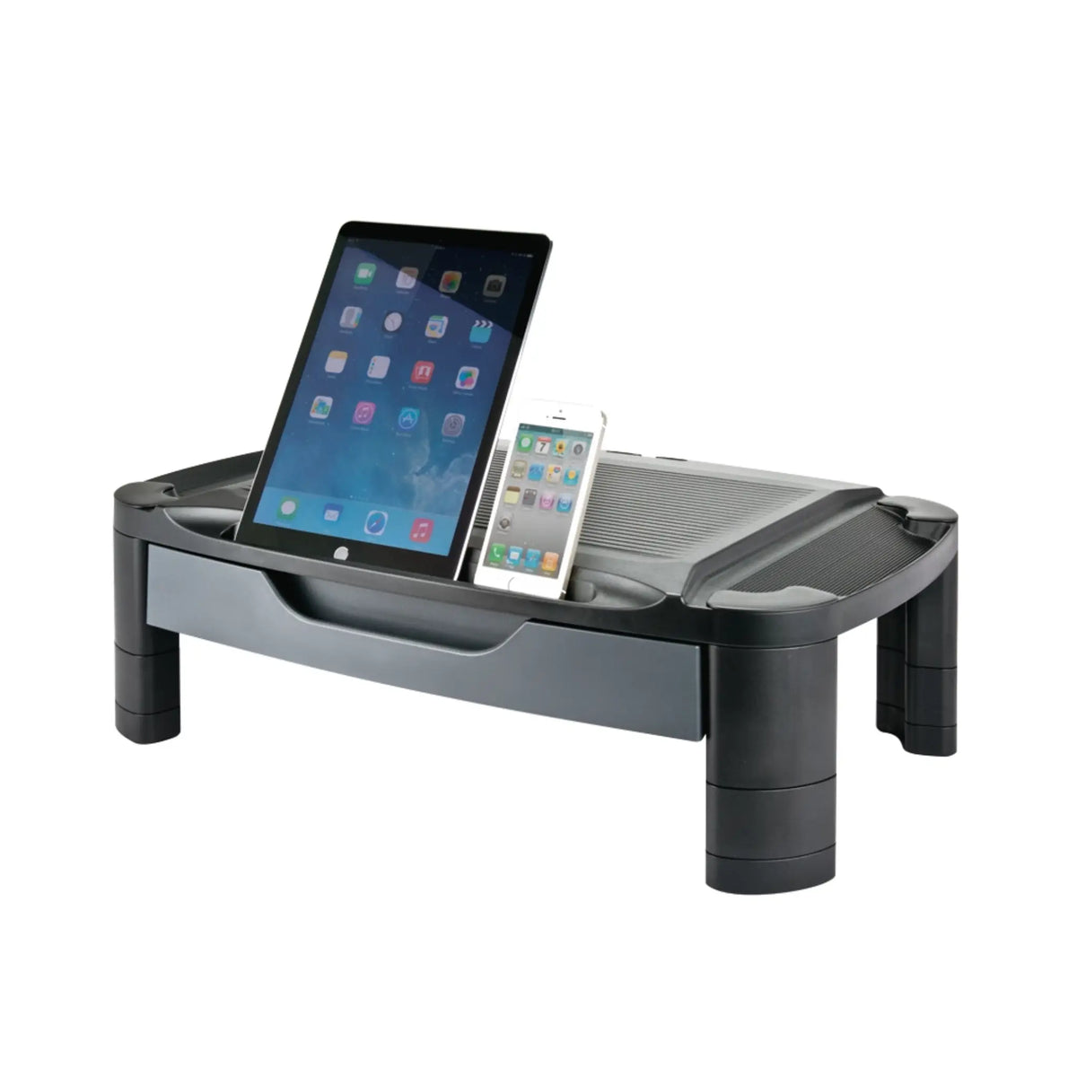 black monitor riser holding a tablet and cellphone