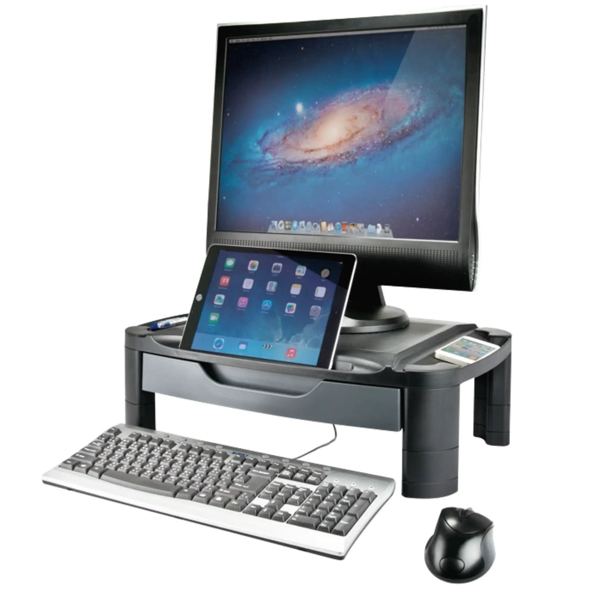 Computer setup with monitor, keyboard, tablet, and mouse on a stand.