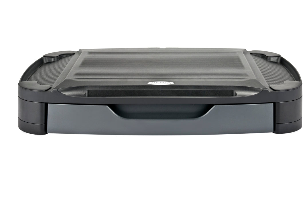 a rectangular, black plastic monitor stand with a textured top surface to support a monitor. There is a long divot intended for phones, tablets, pens, etc. Below the top platform is a smooth, gray pull-out drawer for storage.