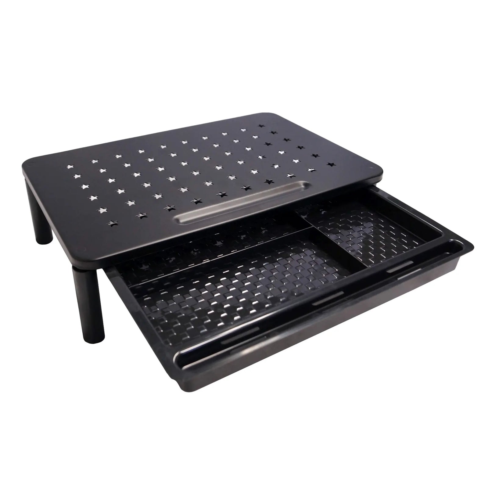 Height Adjustable Metal riser with 3 levels: 4.13", 4.92", and 5.71". The shelf supports up to 44lbs and is ergonomically designed for our computer to prevent overheating and prevent slipping.