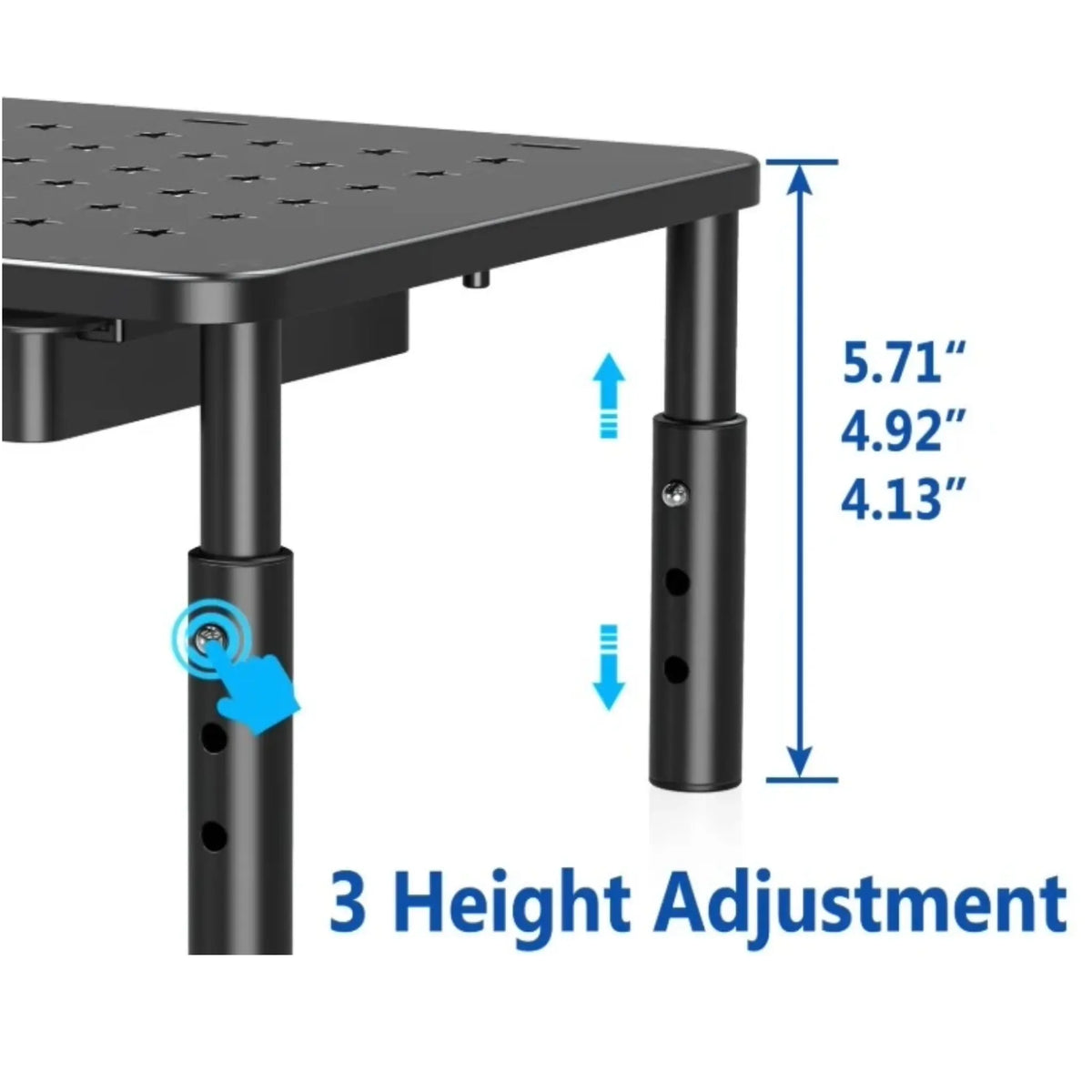 Black adjustable height table with height adjustment measurements shown