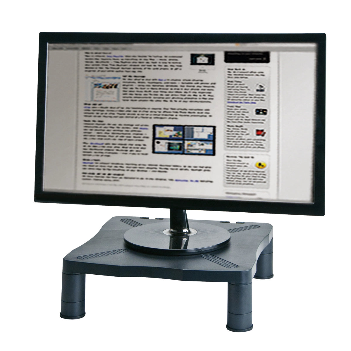 a sturdy black plastic monitor stand with a flat, rectangular top with rounded corners and is supported by four cylindrical legs. The top surface includes textured, anti-slip pads at each corner to secure the monitor in place. A large black flatscreen monitor rests on top