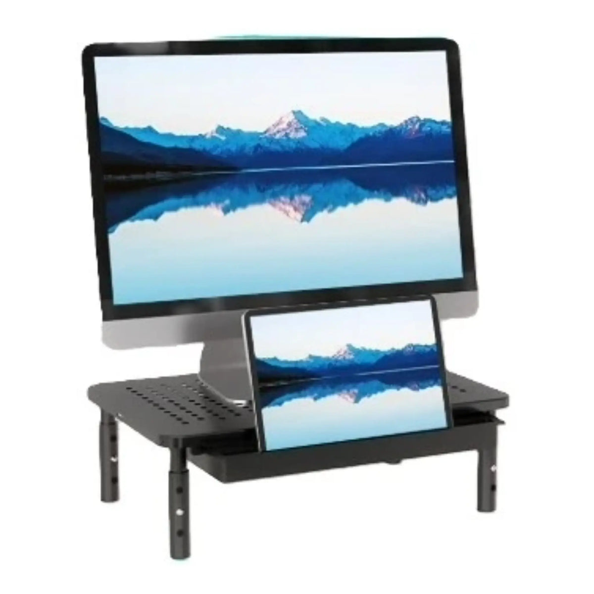 Monitor shelf in use as well as storage drawer being used as a tablet stand.