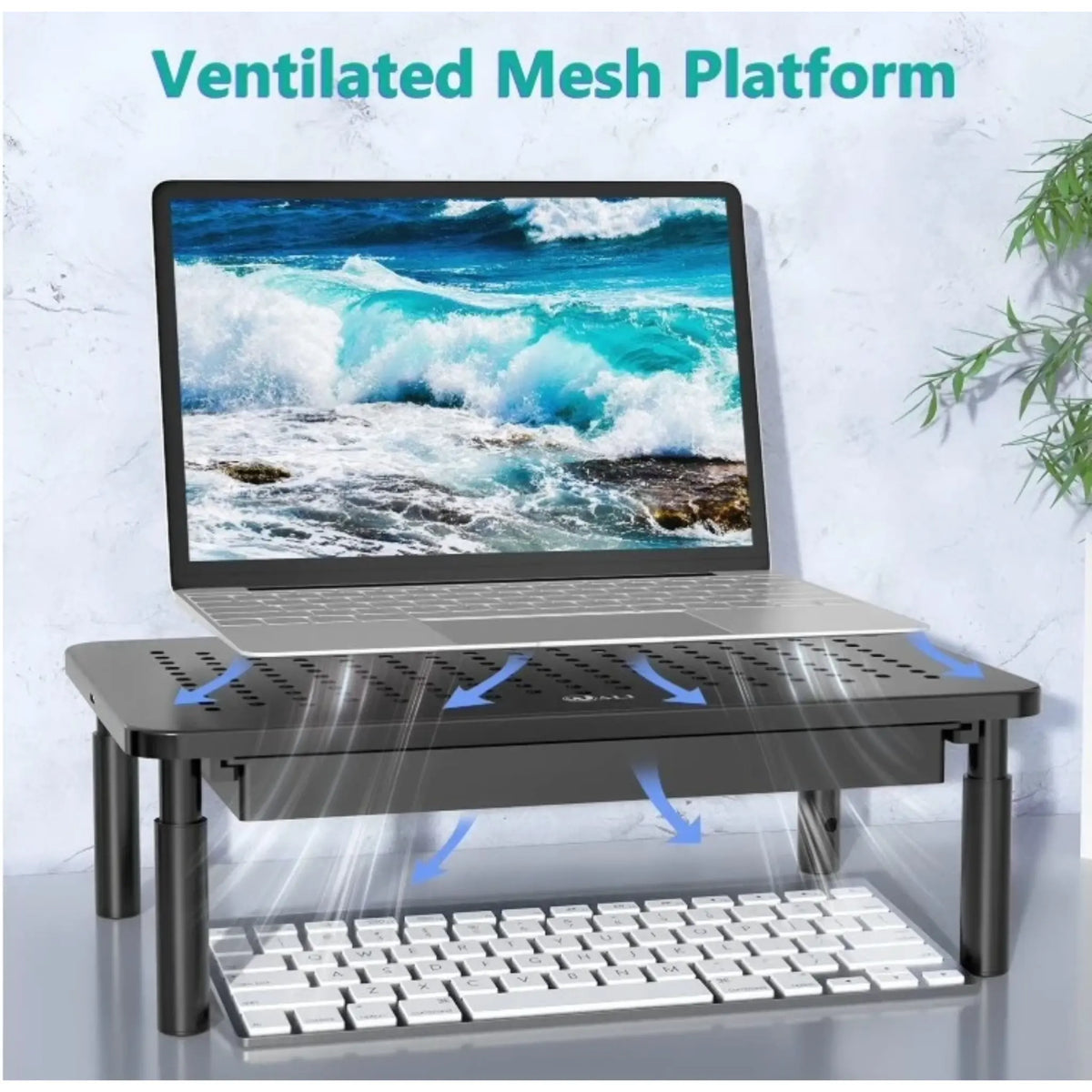Diagram of Ventilated mesh platform to prevent your laptop from overheating.