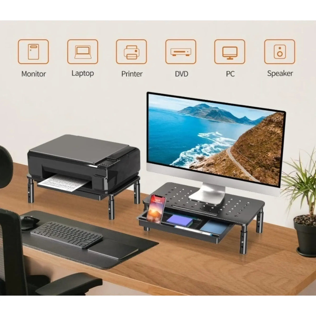 Image of how you could maximize this product with a computer, printer, drawer, and phone slot on one desk.