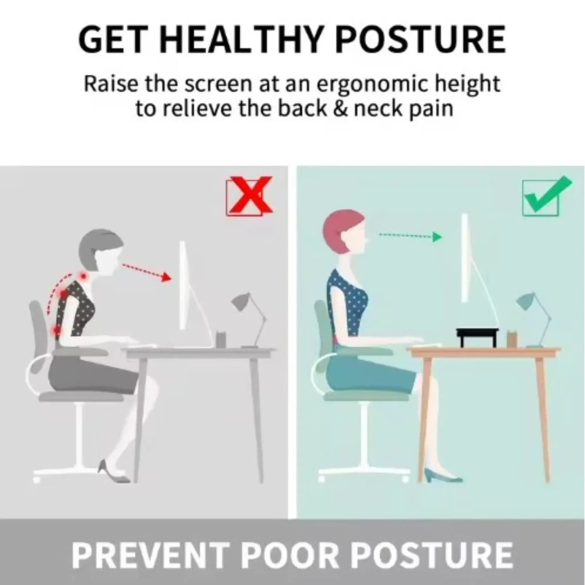 Illustration showing correct and incorrect posture at a desk with text on healthy posture. Our monitor riser clearly illustrates better posture and a more ergonomically safe work environment.
