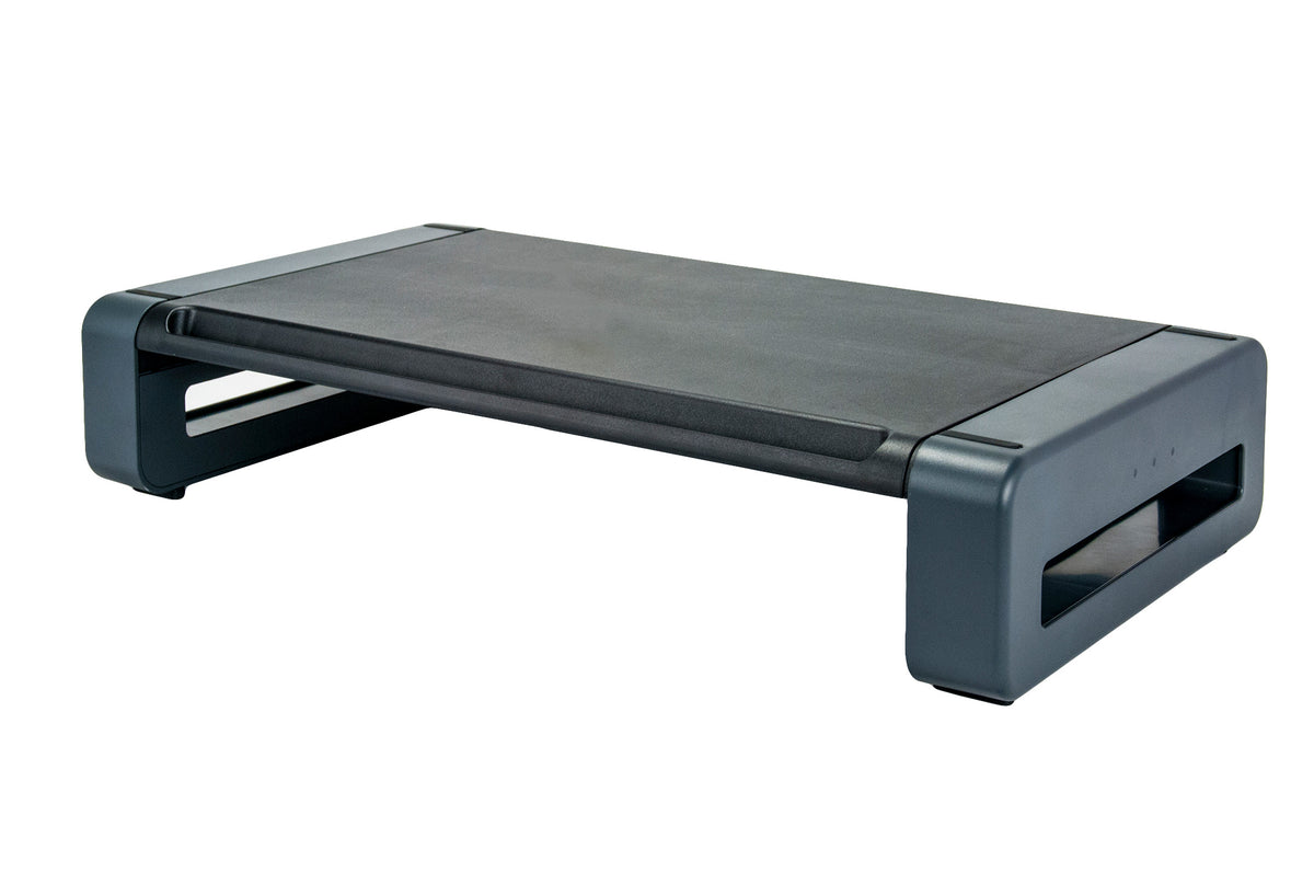 a rectangular monitor stand with a black surface tray and a gray stand