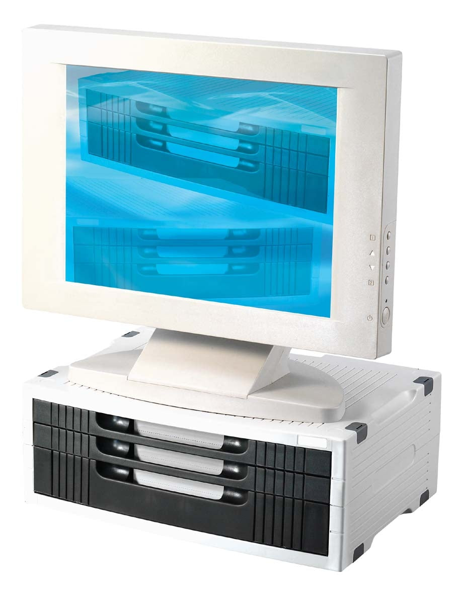 a sturdy black and white plastic monitor stand designed to support a computer screen. It features a white top with horizontal grooves and 3 black drawers at the front. A large white computer monitor rests on top