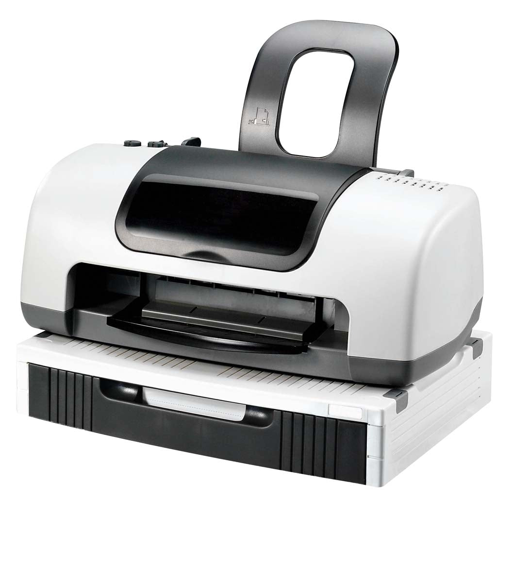 a sturdy black and white plastic monitor stand designed to support a computer screen. It features a white top with horizontal grooves and a black drawer at the front. A large white printer with black accents rests on top