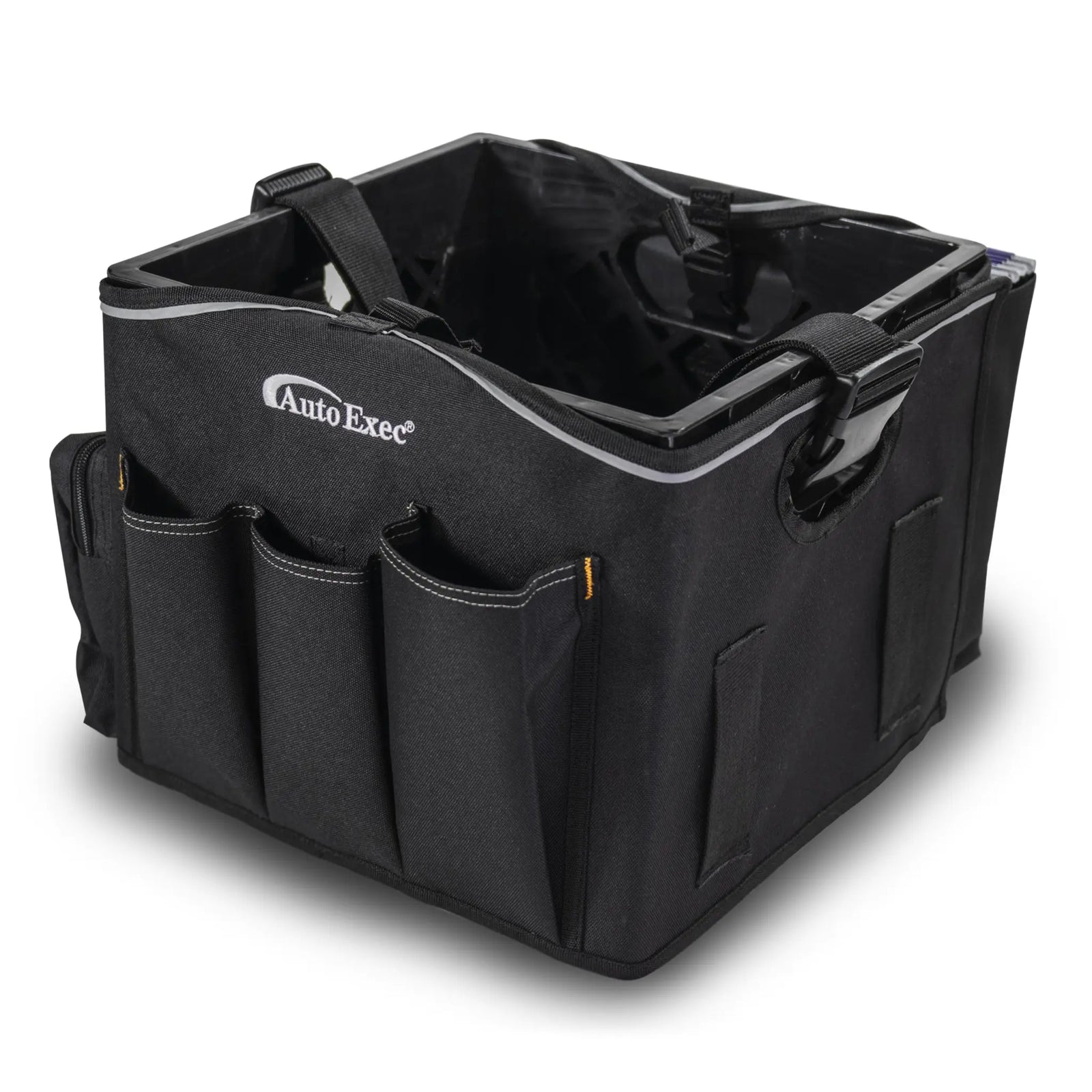 Black Auto Exec storage bin with multiple compartments on a white background