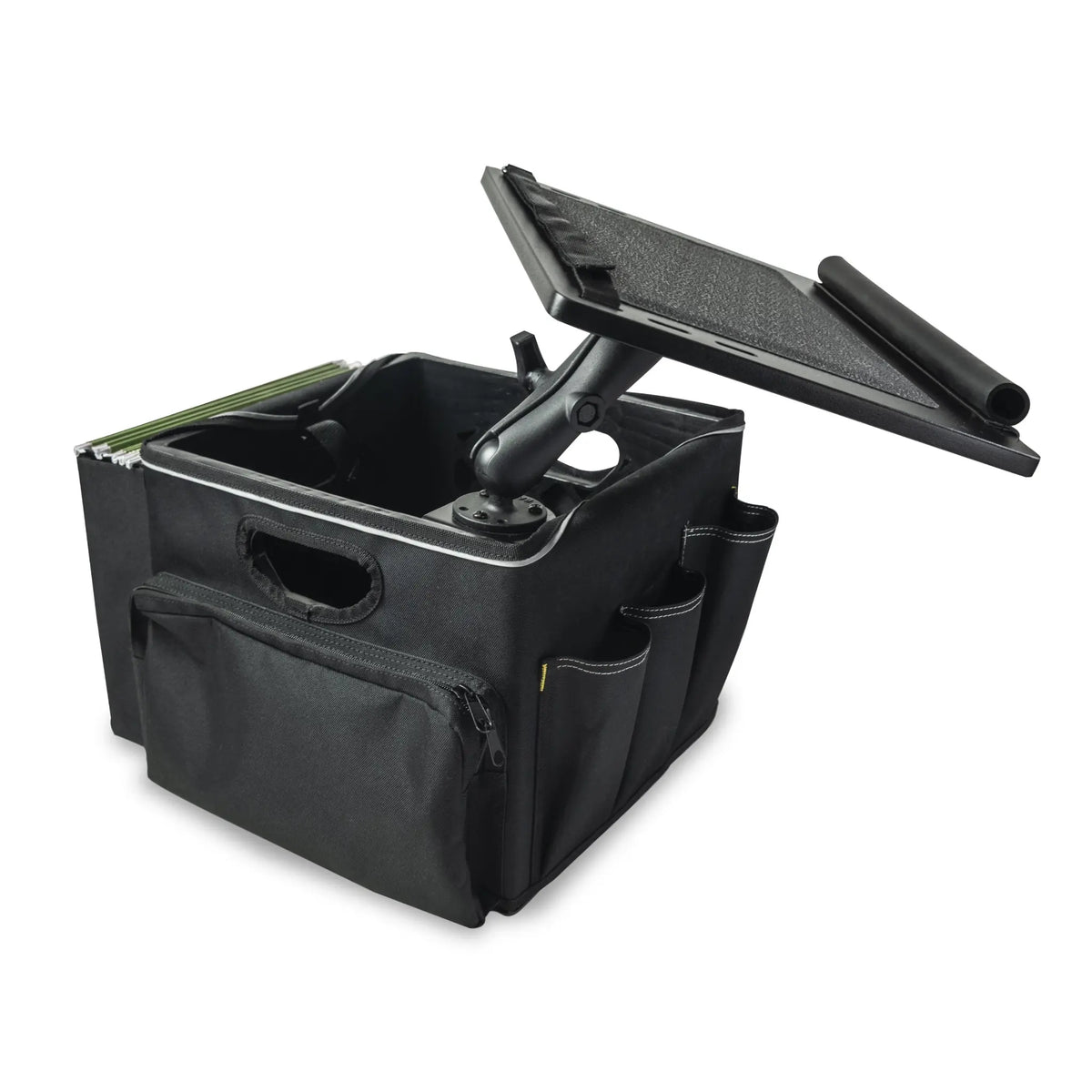 Black portable folding table with storage compartments on a white background