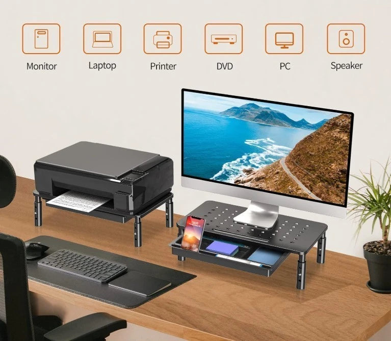 Height Adjustable Monitor Stand with Storage Drawer for Desk Organization