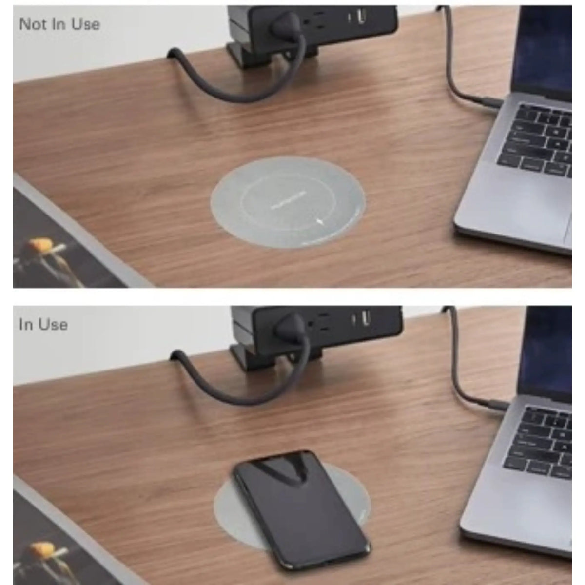 A before and after picture of the NeatCharge Wireless Underdesk Charger when it is not being used vs when it is being used.