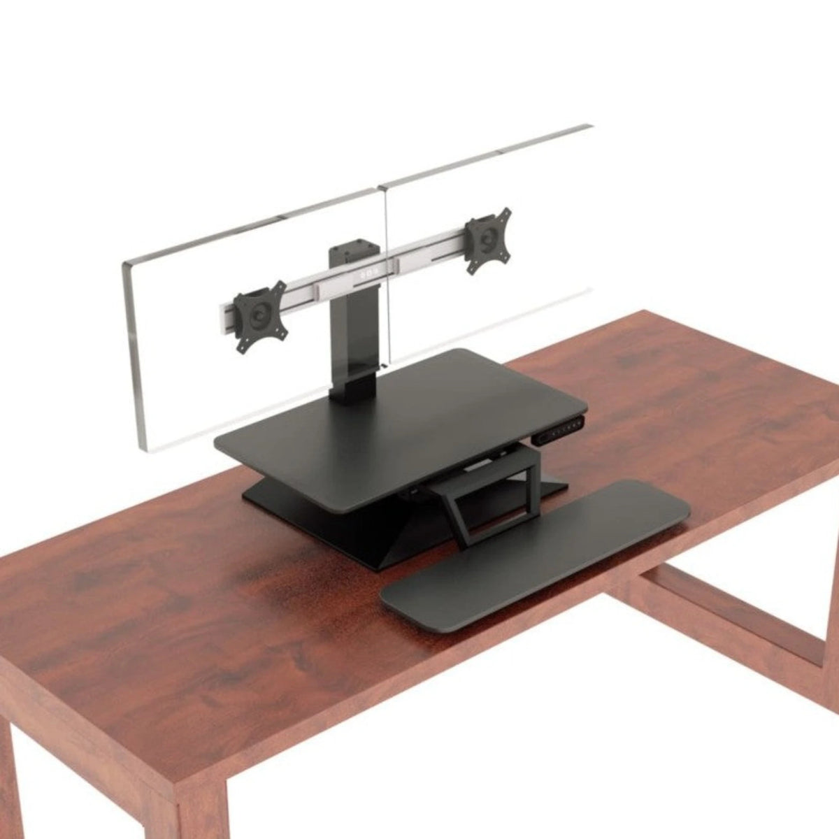 A modern ergonomic workspace setup featuring a wooden desk with a dark brown finish. On the desk, there’s a black standing desk converter with a keyboard tray and a platform for a monitor or laptop. Attached to the converter is a transparent dual monitor stand that extends vertically, designed to hold two monitors in place